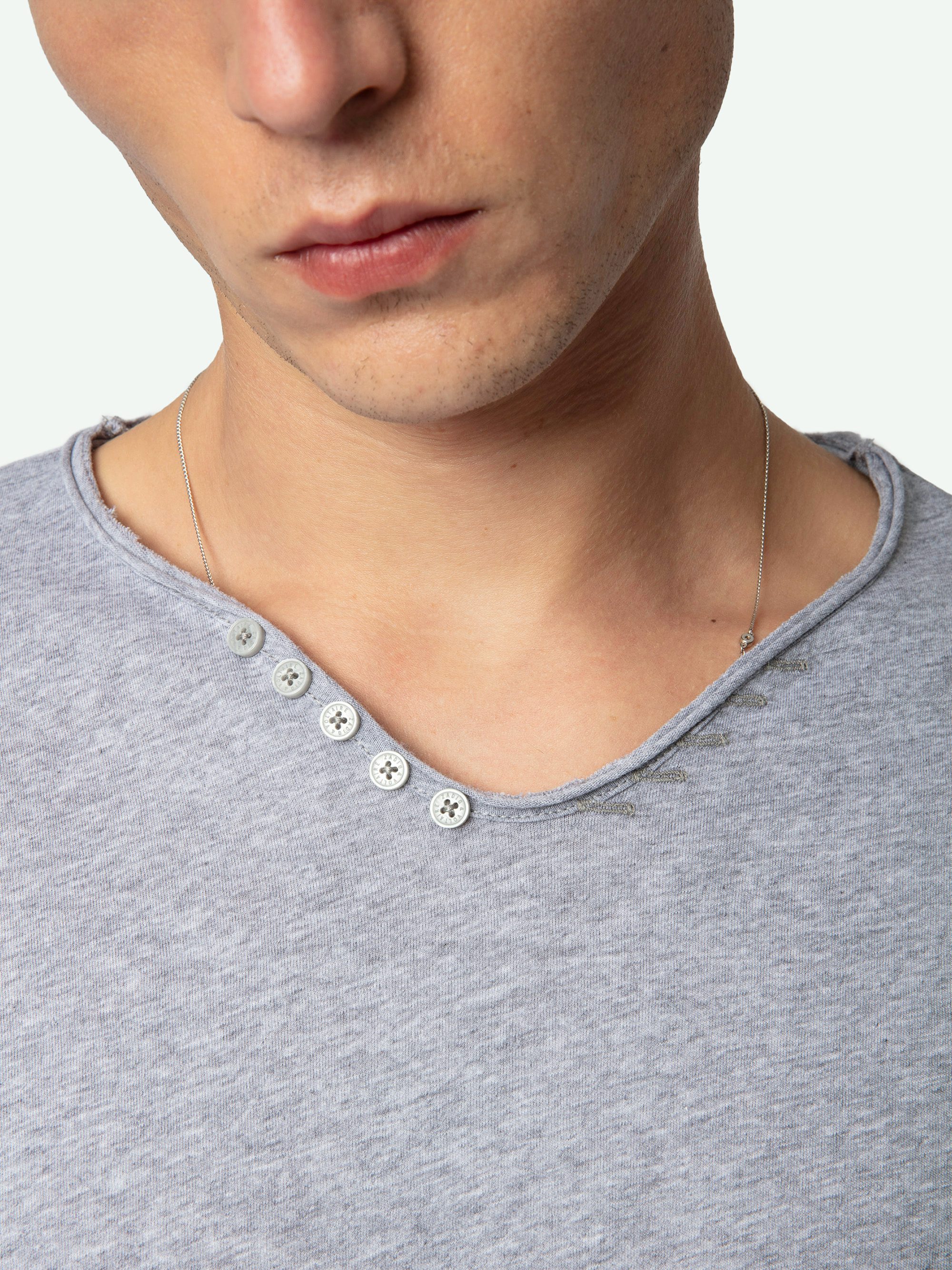 Henley-Shirt Monastir - Langärmliges Henley-Shirt aus meliertem Bio-Baumwollstoff in Grau.